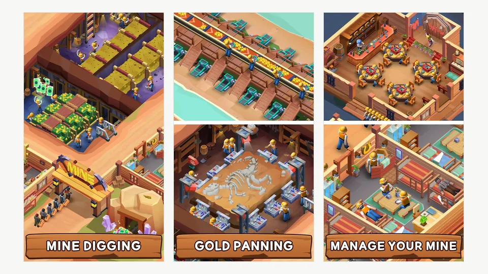 Idle Mining Factory Tycoon gameplay screenshots showing mine floors, conveyor belts and staff