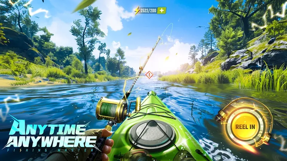 Fishing Master gameplay screenshot showing a rod, reel and river scene