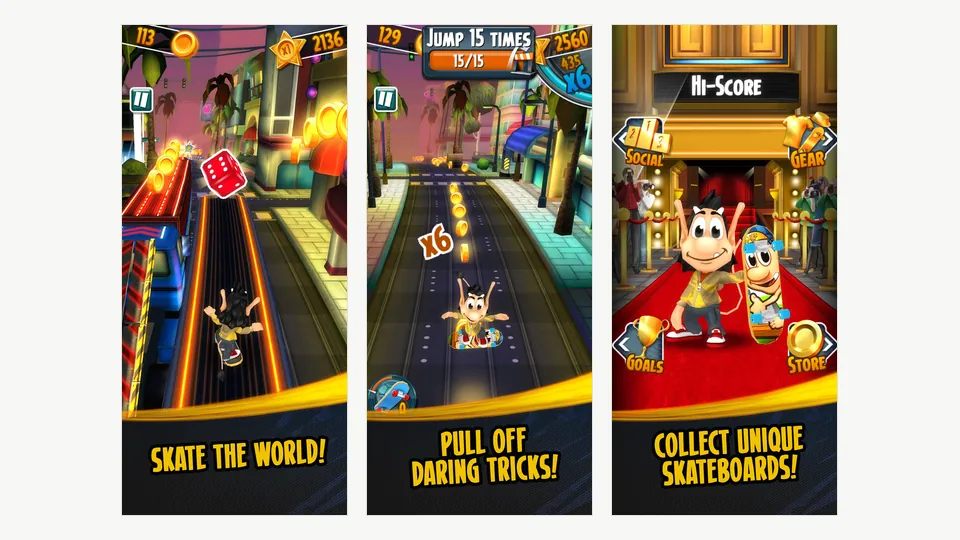 Hugo Super Skater gameplay screenshots showing lane skating, trick targets and unlockable boards
