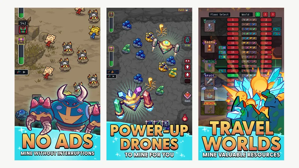 Idle Obelisk Miner gameplay screenshots showing mining drones, upgrades and world travel