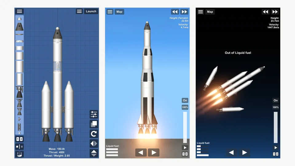Spaceflight Simulator gameplay screenshots showing rocket assembly, launch and staging